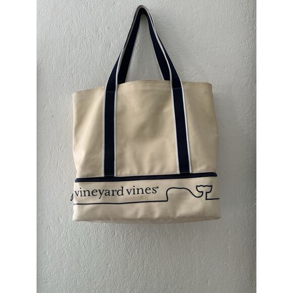 Vineyard Vines Target Whale Line Canvas Tote Bag Cream Navy Blue Beach Pre-loved - Picture 1 of 16